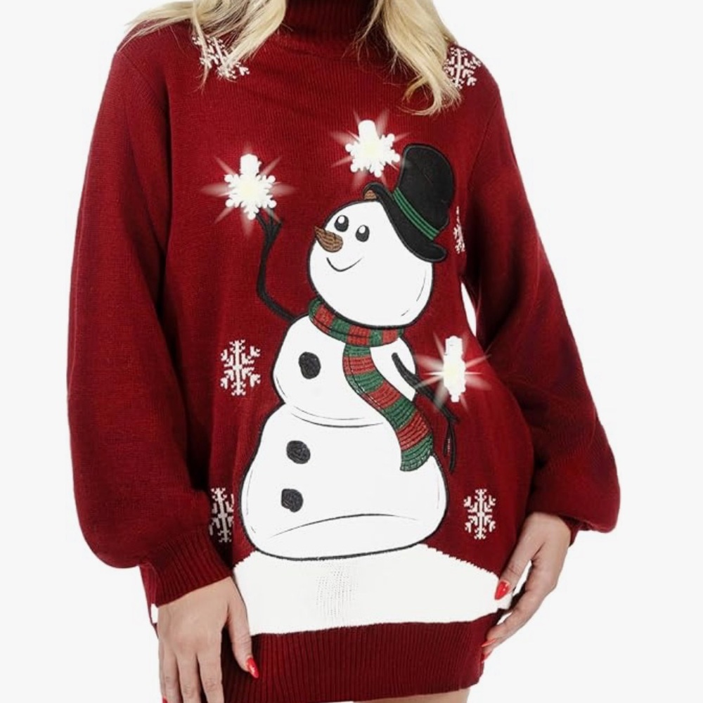 NWOT Festive Burgundy Snowman Sweater Dress with Turtleneck and LED lights